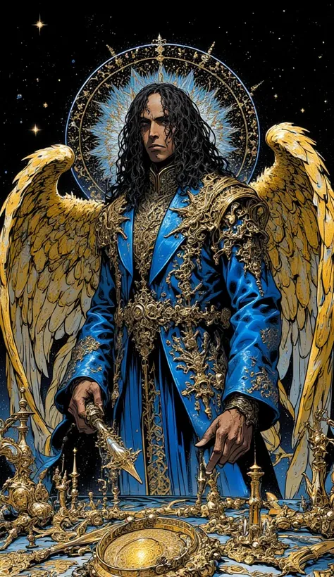 Black man in blue suit With dreadlocks and Angel wings holding a golden compass in front of a table Of artistic instruments and magical tools, Standing alone, Persian fractal patterns in background, Celestial stars fade to black upper image, Camera angle u...