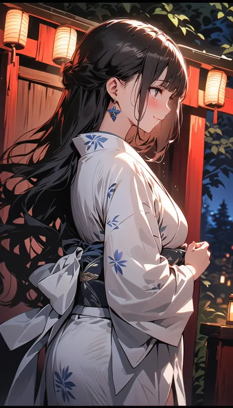 ( beautiful girl : 1.3), 1 girl,(yukata, white loincloth , earrings,pubic hair), black hair, long hair,smile, is bashful,blush,night, behind the shrine,forest,masterpiece, top quality, ultra high resolution, rich contrast, high image quality,8k, High Defin...