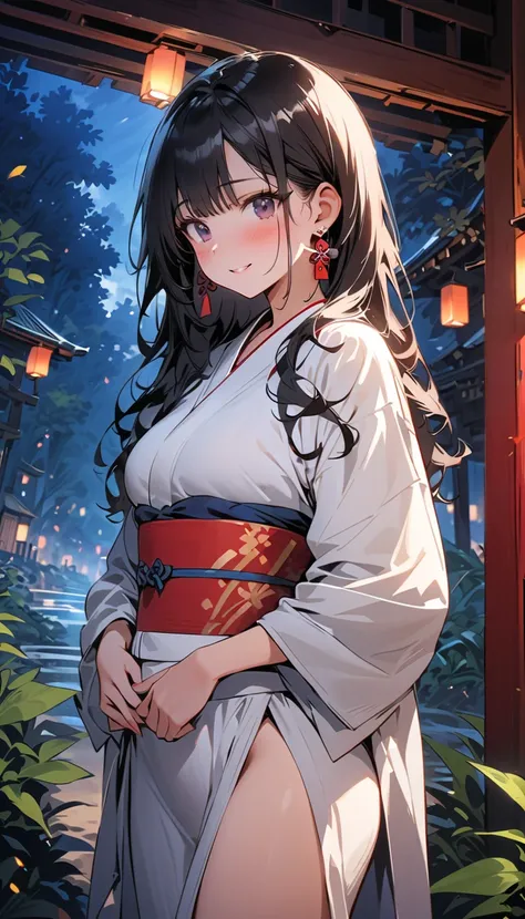 ( beautiful girl : 1.3), 1 girl,(yukata, white loincloth , earrings,pubic hair), black hair, long hair,smile, is bashful,blush,night, behind the shrine,forest,masterpiece, top quality, ultra high resolution, rich contrast, high image quality,8k, High Defin...