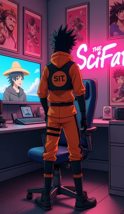 
"An anime-style YouTuber in a futuristic studio, wearing an orange and black ninja-inspired outfit. A mic is nearby, and behind him, a screen shows a straw-hat pirate and a spiky-haired ninja. Posters with anime action scenes decorate the room. 'The Sci F...