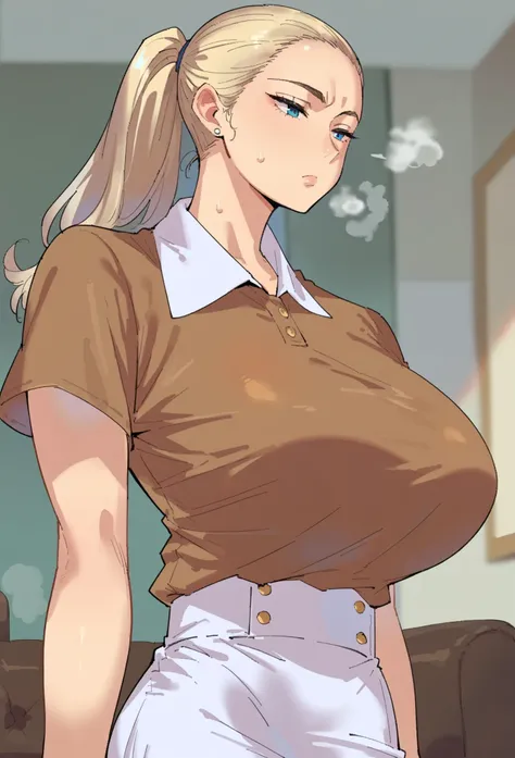  score_9,  score_8_ up the side,  score_7_ up the side,  score_6_ up the side,  source_Anime, rating_ explicit,  1 girl, Alone, Big Breasts,(gigantic breasts)、forehead、  long hair,   blonde hair,  blue eyes,  ponytail,  brown shirt,   collared shirt ,  sho...