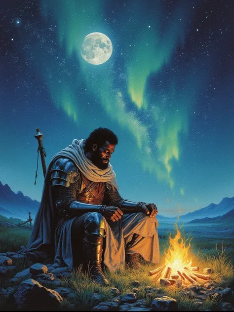 estilo drkfnts,   Make the image of a medieval warrior of black skin (African) Who is also a wanderer  (He has armor and cloths over the armor )  he is having a very starry night and a full moon , In the sky there are Northern Lights and it is possible to ...