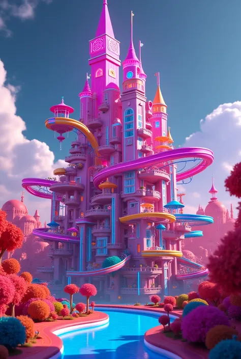  neon playground castle ,   with colored gamer elements alluding to a park , colored slides , dynamic , colored ribbons or tracks ,  Minimalist style 