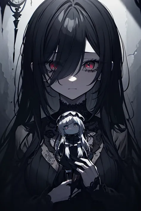 a marionette swallowed by darkness, a killing doll, one-sided massacre, cold glass-like eyes, patchwork skin, extremely detailed eyes and face, detailed description of a horrific doll, highly detailed, hyper realistic, dark moody lighting, dramatic shadows...