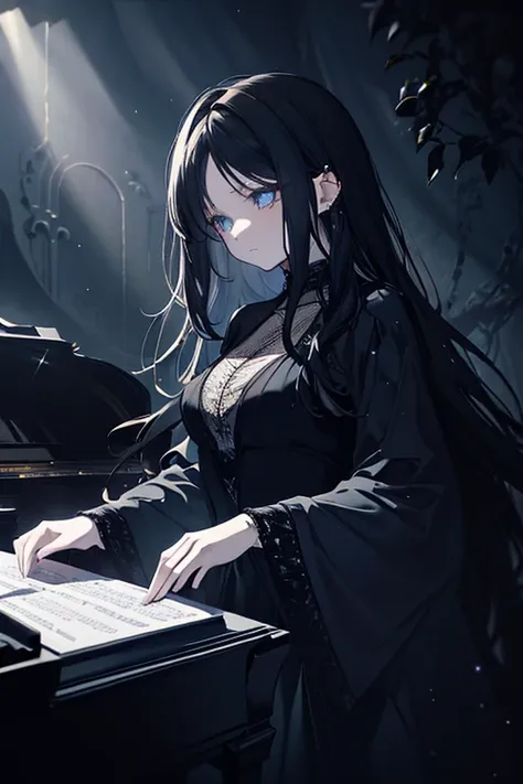 A dark-haired witch playing a grand piano, dramatic lighting, ornate piano, enchanted forest background, mystical atmosphere, digital painting, cinematic, moody colors, chiaroscuro lighting, highly detailed, photorealistic, 8k, intricate details, dramatic ...