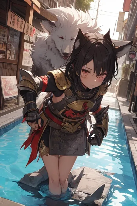 Japanese chibi male half-human wolf with armor fainted in a pool of blood