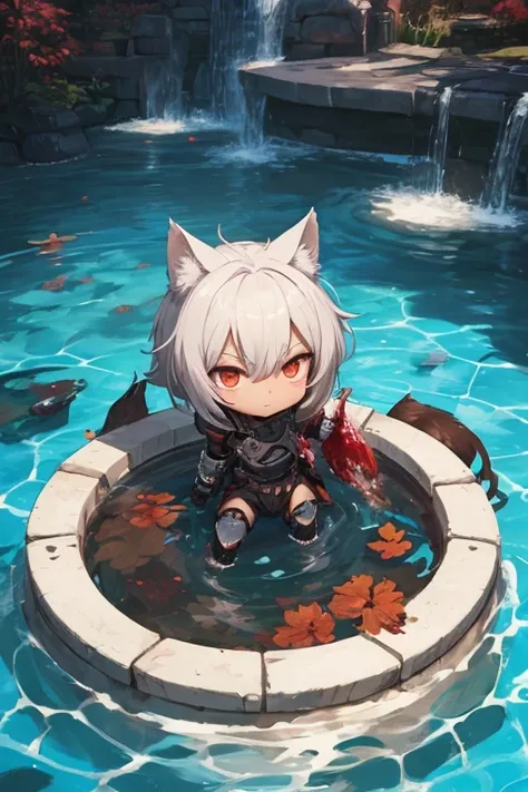 Japanese chibi male half-human wolf with armor fainted in a pool of blood