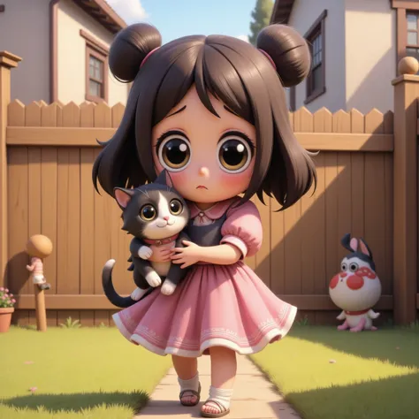 (pixar style) A cute  (age 5, pig tails, sad, tears in eyes, pink dress with puffy sleeves and skirt, big sad eyes) is walking while holding her big fluffy cat (black and white, pink collar, trying to be patient) in a warm embrace, holding it under the fro...