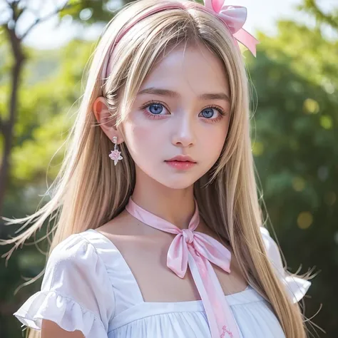 ( super detailed), Cute princess dress in white color,( frill dress),(Short sleeve),Extremely bright light blue big eyes in an incredibly bright baby blue, upper body、 close-up、face、( facing the front :1.2), 20 years old,  teenage girl,No tail,(No tail),2D...