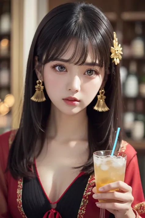 best quality , ( photorealistic:1.2), 1 GIRL, Alone, detailed face , focus on face , is standing, black hair,( hair ornament having alcohol together :1.35),OL, ribbon-trimmed sleeves, detach sleeve , Ribbon trim, wide sleeve, ( stare at viewers:1.5) long h...