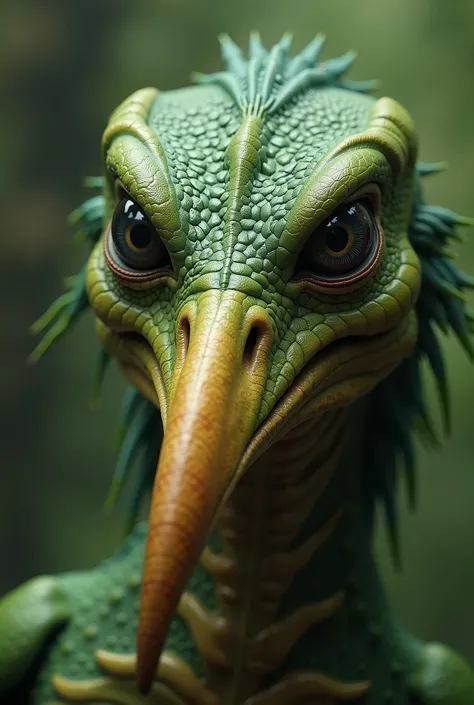 there is a fake creature with a very long beak and a very long nose, humanoid feathered head, alien creature, green head, kenku, reptile face, 8 k ultra realistic creature, saurians, as a claymation character, skeksis, alien frog, rare bird in the jungle, ...