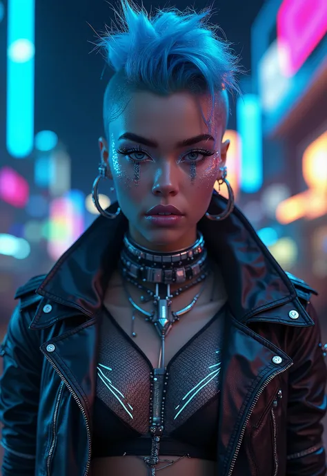 Portrait of a young female model in cutting-edge cyber goth punk fashion. Vibrant neon blue hair styled in a high, spiky mohawk with shaved sides. Pale skin with iridescent highlighter. Dramatic, futuristic makeup: metallic silver lipstick, holographic eye...