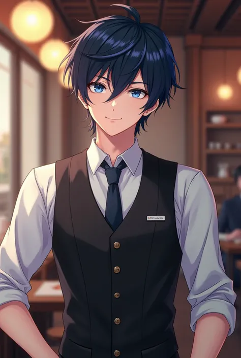  25-year-old anime boy with black hair and a blue lock, waiter costume and blue eyes  