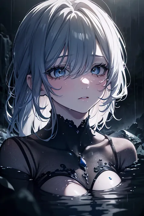 a sad girl praying, underwater cave, rainy weather, tears, 1girl, detailed face, beautiful detailed eyes, beautiful detailed lips, extremely detailed eyes and face, long eyelashes, wet hair, water, detailed lighting, dramatic lighting, cinematic lighting, ...