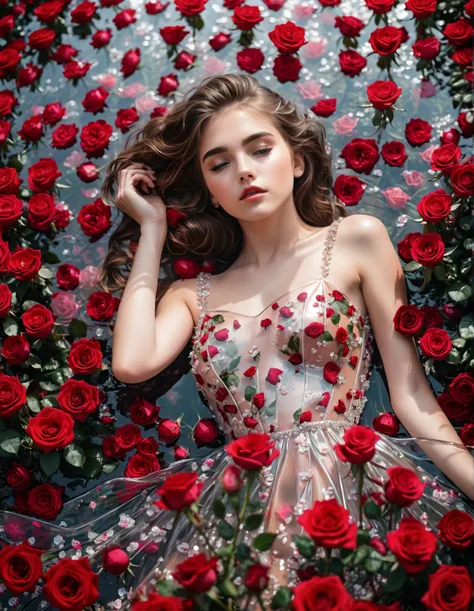 A girl of unearthly beauty lies on thousands of roses ,  transparent dress 