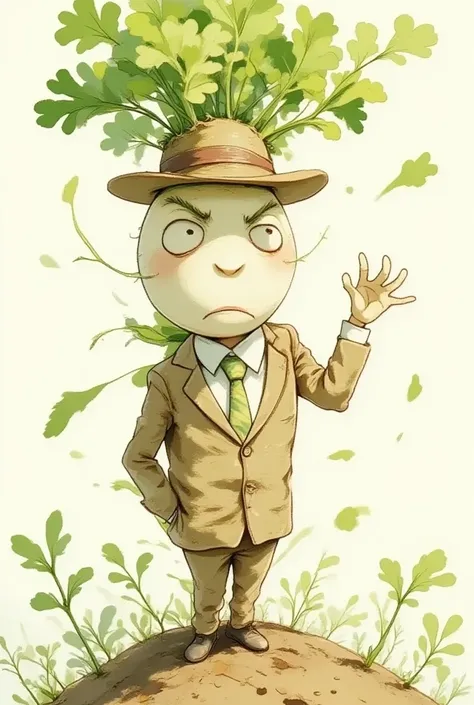 Close up of a radish wearing a suit and hat, Big round face, comics,Gonzo, muppet punk, short tie, angry,  into one eye,Daikon in style , Posing with both hands in the suit jacket ,白い背景に描いた comicsスケッチ,Gonzo,muppet punk, Daikon sprouts from the ground fill ...