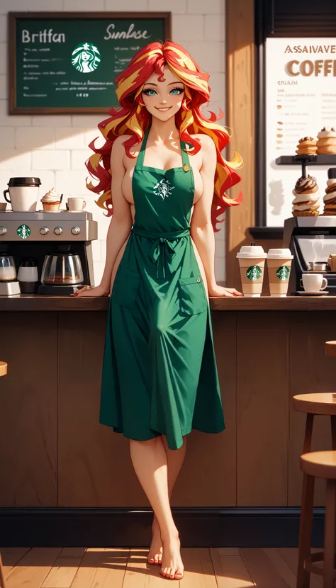 Sunset shimmer, as a barista, full body, in a coffee shop, wavy hair, bright warm smile, writing a name on a coffee cup, bright, optimistic, naked, wearing an apron, futa, erection under clothes