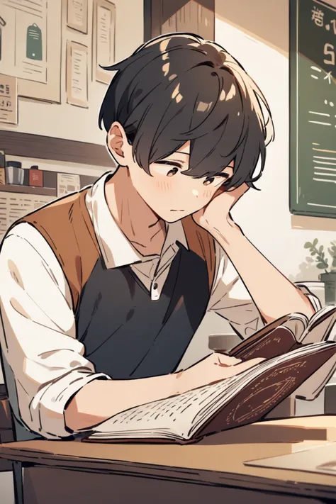 Illustration of a cute boy reading a book at a cafe