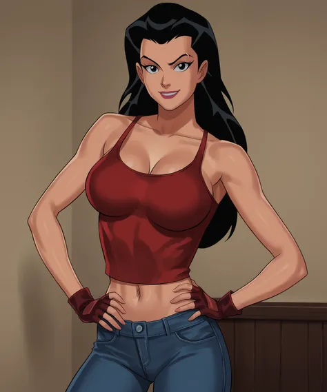 safe_pos, PonyXLV6_Scores BREAK (((retro artstyle, parody, animification)), perfect anatomy, cowboy shot) helena bertinelli, long hair, black hair, black eyes, flirting, raised eyebrow, ((looking at viewer)),  crimson red fingerless gloves, crimson red tan...