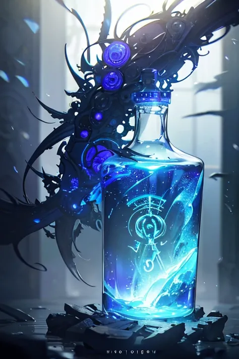 a magical potion bottle, glass bottle with glowing liquid, ornate glass container, intricate glass design, iridescent glass, swirling magical energy, ethereal light effects, glowing runes, mystical symbols, floating particles, mesmerizing colors, vibrant h...