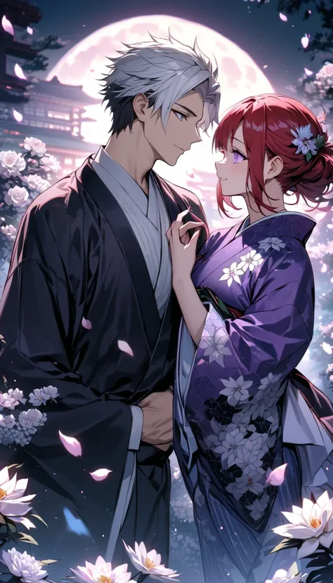 Ultra detailed, highres, absurdres, HDR, master piece, couple, one woman, one man. beautiful young woman with long white hair, purple eyes, wearing blue kimono with white flowers pattern. handsome young man with short red hair, bangs, light gray eyes, purp...