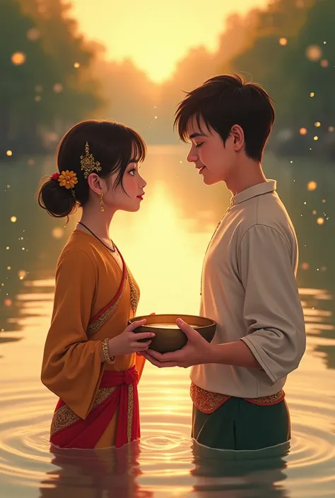 Myanmar Water festival boyfriend and girlfriend a close up of a person holding a bowl of water, stream of love and happiness, traditional clothes, lovely couple, manhwa, traditional dress, anime thai girl, traditional clothing, patiphan sottiwilai, patipha...