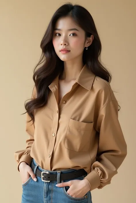 araffe woman in a tan shirt and jeans posing for a picture, a picture inspired by Kim Jeong-hui, trending on cg society, photorealism, a young asian woman, young asian woman, young asian girl, an asian woman, beautiful young asian woman, wearing a blouse, ...