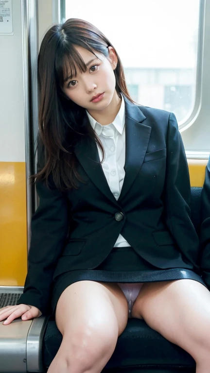 grin,one japanese woman,(masterpiece, Highest quality, 8K, RAW Photos, beautifully、aesthetic:1.2),  Intricate details, indirect lighting, Realistic,1finger to mouthwhole body, Sitting on a chair on the train、Staring at the viewers、Voyeur、Top Quality, Very ...