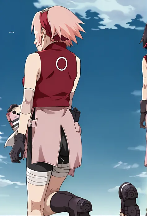  sakura scrunchie bracelet _Haruno, official_until, anime screencap,  masterpiece,  the best quality, absurdities, alone , Women, badass,  doggy style,  wry smile,  focus on ass,  rear focus,  ass, red  sleeveless  minidress, cremallera, footwear without t...