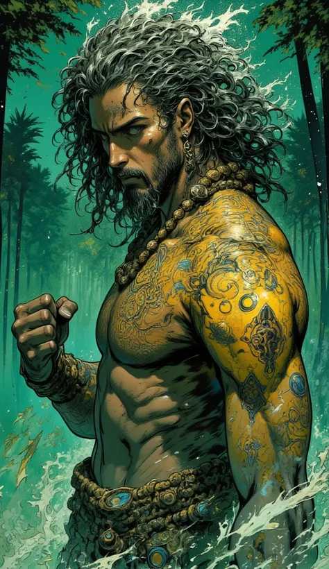 background,(illustration:1), masterpiece, best quality, detailed face and eyes, intense eyes, exuding Focus and determination, 1man with mustache, under water dreadlocks hair physics, air bubbles, light coming through water, reflections, laying in water, s...