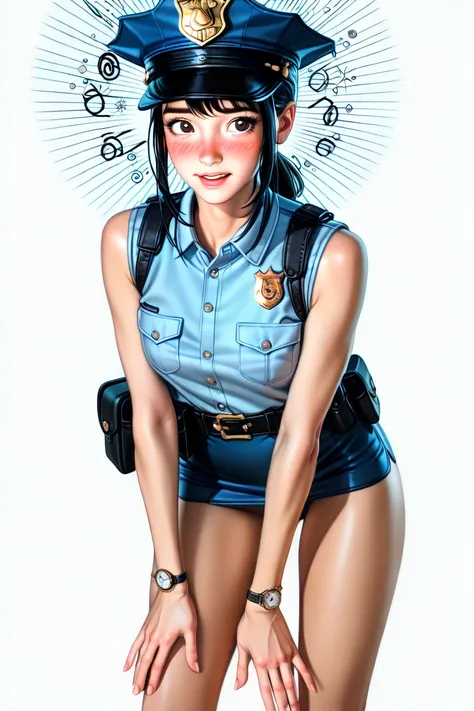  Japanese beautiful girl ,(It's 1 :2.0),( Watch Viewers :1.0),(sleeveless collared police shirt:1.1),( police officer micro mini skirt standing in a natural pose:1.1),( slender body:1.2),( drunk _ hiccups:1.5),real skin ,small breasts,  Shiny Black Hair, S...