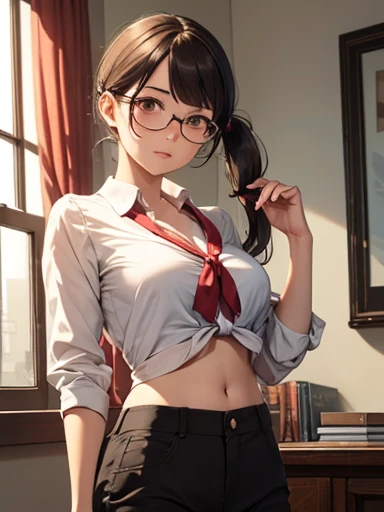 Davidsm, resembles David's mother (Hilda), Masterpiece: 1.0, English girl, mature, sexy, medium breasts,  glasses, brown hair, tied pigtail,red blouse, pants,