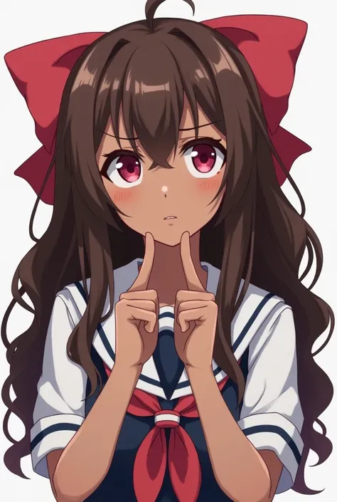 Teen girl. Dark-skinned. Long, very curly brown hair tied at the sides. Pink eyes. Red, big bow tied at the back of her hair. Wearing Japanese school uniform. Shy expression. Touching her two index fingers in a nervous gesture. Anime.