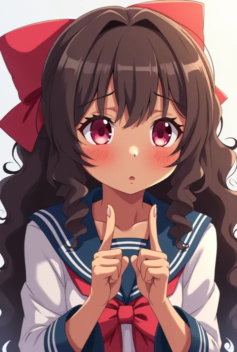 Teen girl. Dark-skinned. Long, very curly brown hair tied at the sides. Pink eyes. Red, big bow tied at the back of her hair. Wearing Japanese school uniform. Shy expression. Touching her two index fingers in a nervous gesture. Anime.