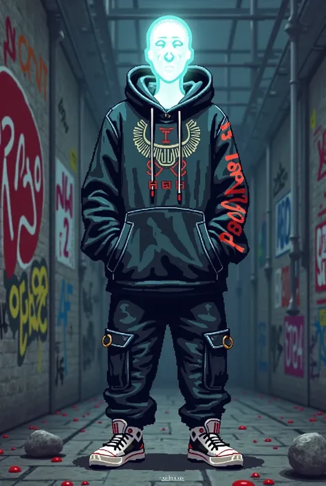 Create a pixel art with the human body up to the shoulders,Ghost Head,with underground style CLOTHES/streetwear