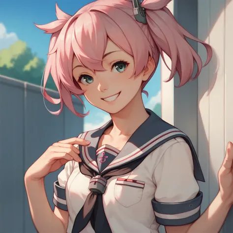 sazanami (kancolle),1girl, pink hair, short hair, twintails,smile, small breasts, pink hair, serafuku, 