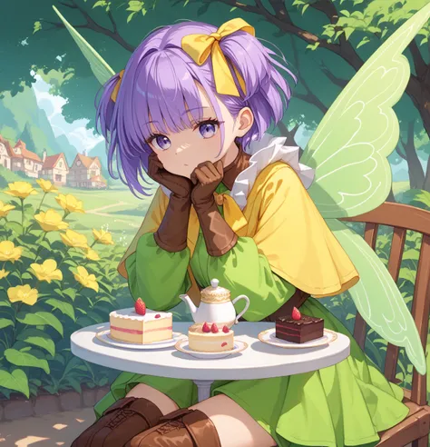 ((tea party:1.3)),cake,sit,1Girl,(masterpiece,best quality:1.2)),Muryan,short hair,green dress,purple hair,single sidelock,((yellow ribbon:1.2)),purple eyes,brown gloves,brown thigh boots,fairy wings