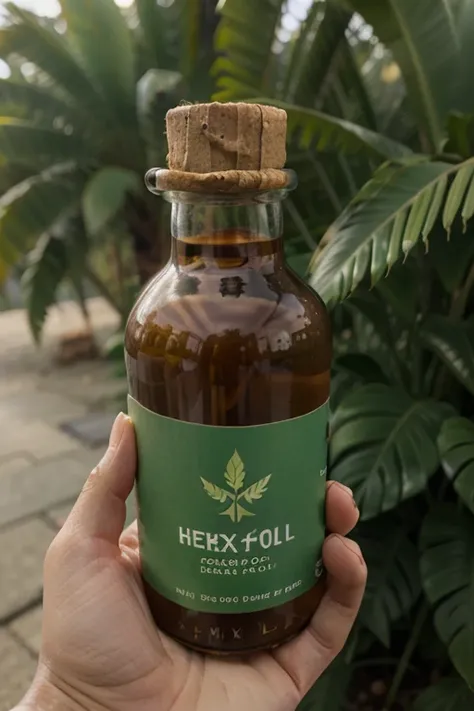 A bottle of palm oil, with “Hex Palm Company” in it