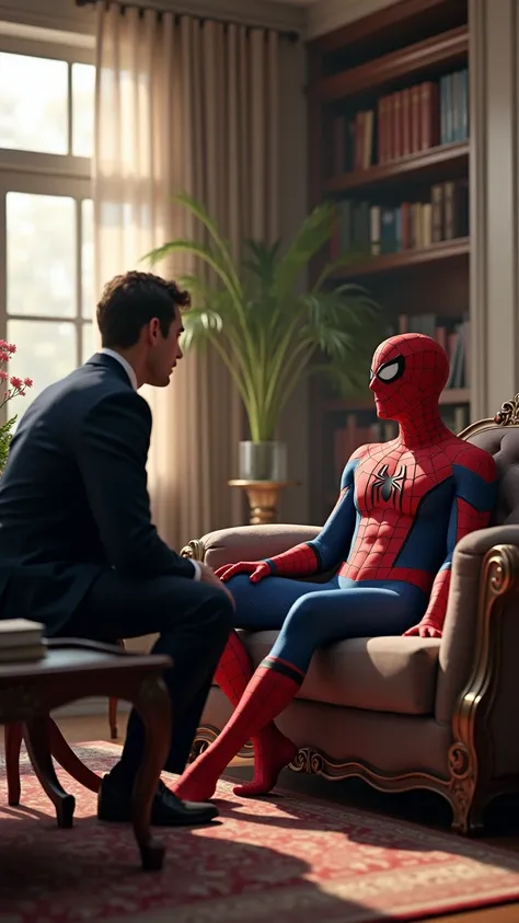 Spider-man lying on a couch talking to a psychologist in a beautiful office 