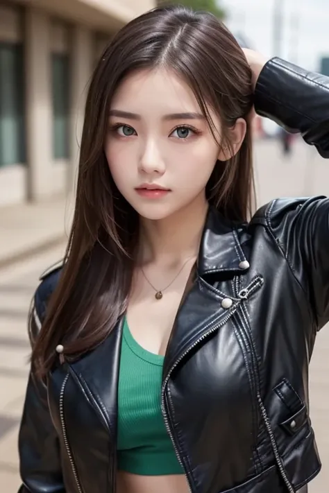 One Girl , Alone, face, portrait , long hair, ponytail, blondes, green eyes, big breasted , ( black leather jacket :1.2) , clevis on a stone, School, Empty , Stares at Viewers ,