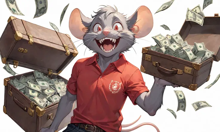  evil looking rat , laughing ,  wears a red polo shirt, He carries suitcases full of banknotes in his hands,  white background 