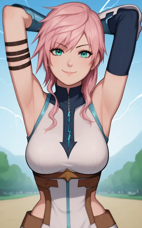 score_9, score_8_up, score_7_up, source_anime, masterpiece, best quality, amazing quality, anime screencap, 1girl, solo, lightning, long pink hair, breasts, gloves, large breasts, aqua eyes, bare shoulders, detached sleeves, anime style, valkyrie, arms beh...