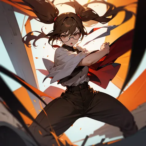 score_9, score_8_up, score_8, masterpiece, beautifu
Davidsm, glasses, brown hair, tied pigtail,red blouse, pants, looking at viewer, angry,  battle pose