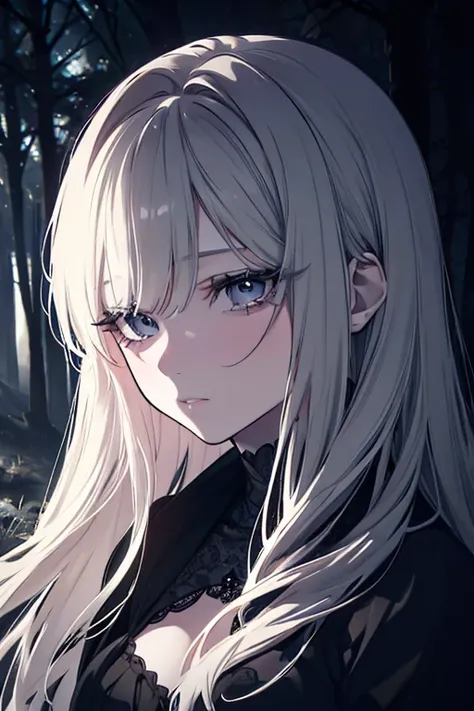 a beautiful young woman, detailed eyes, detailed lips, extremely detailed face, long eyelashes, sad expression, wearing a black dress, standing in a dark, gloomy forest, moonlight shining through the trees, (best quality,4k,8k,highres,masterpiece:1.2),ultr...