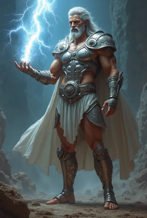 Zeus holds a lightning bolt, skinny, silver armor, sandal, mythology, receding hairlines