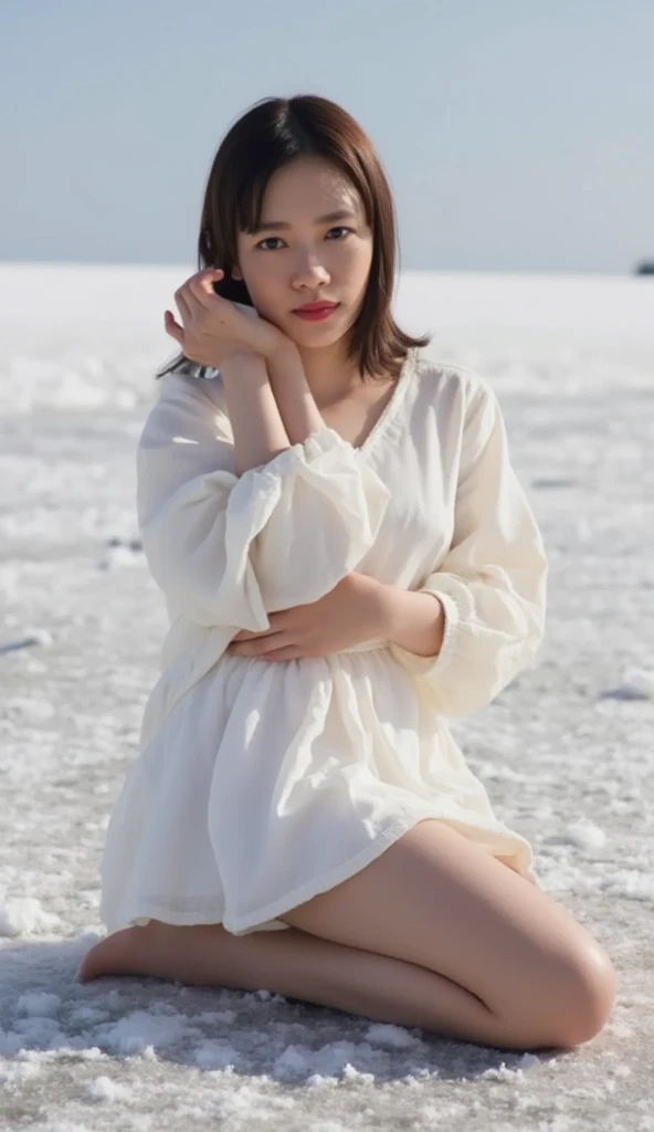 Snowy Plains、On ice with puddles 、There&#39;s nothing around 、  pure white micro bikini、  fair, textured skin 、 sitting on one knee on ice、Rainy body and hair 、  knee open 、   short hair,    thighs 。 tight waist

