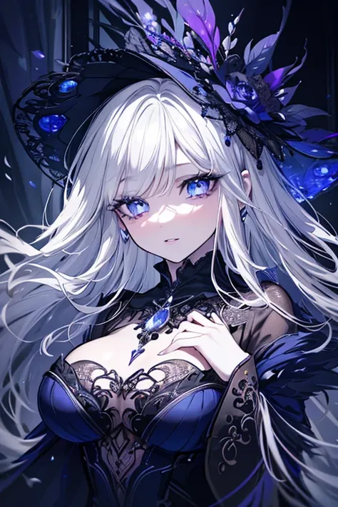 a stunning magical witch, beautiful detailed eyes, beautiful detailed lips, extremely detailed face, long eyelashes, intricate detailed fantasy dress, flowing shimmering hair, glowing gemstone accessories, ethereal magical aura, dark moody lighting, hyper ...