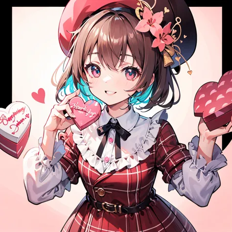 small girl, looking at the viewer with a big smile, pink and brown checkered dress, beret, holding a box of chocolates for Valentine's Day, neon colored hearts in the background, frame resembling a ribbon, picture resembling a gift box