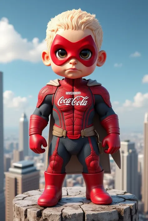 create a super cute 4D CHIBI STYLE COCA-COLA inspired MALE SUPERHERO. STANDING ON TOP OF A HIGHRISE BUILDING High Resolution, Masterpiece, Accurate, Anatomically Correct, Award Winning, Best Quality, Damaged, Detail, HD, High Details, High Quality, Quality...