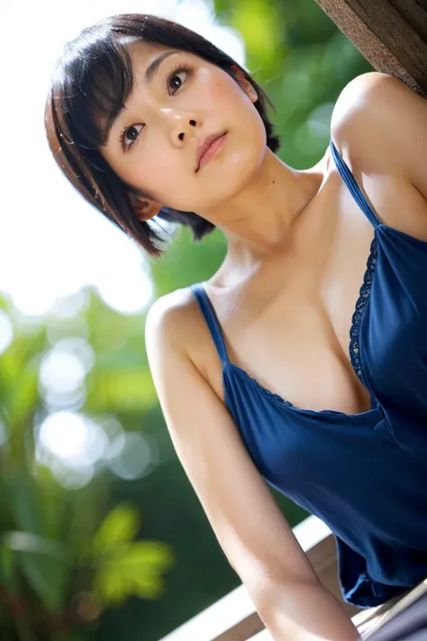 ( LOW ANGLE SHOT)、35-year-old Japanese woman with beautiful breasts and short black hair、whole body、 high image quality、Biki